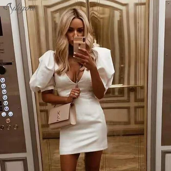 

Ailigou 2019 Autumn New Women's Dress Sexy V-neck Open Back Lantern Short Sleeve Vestidos Skinny Mini Dress