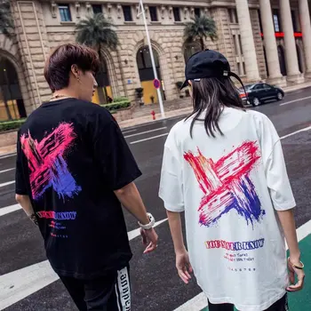 

ZHIJING Summer Couple Clothes Short Sleeve Celebrity Style Sense of Design Painting Graffiti Short sleeved clothes men t shirt