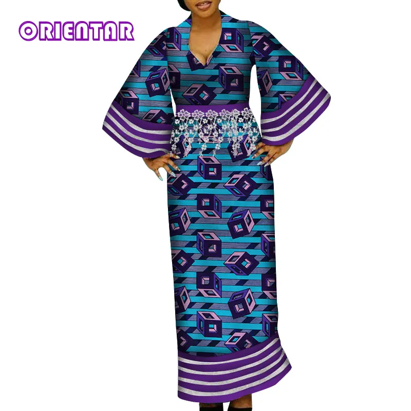 Женская одежда в африканском стиле, повседневные африканские платья, Африканский принт, длинный рукав, v-образный вырез, платье леди