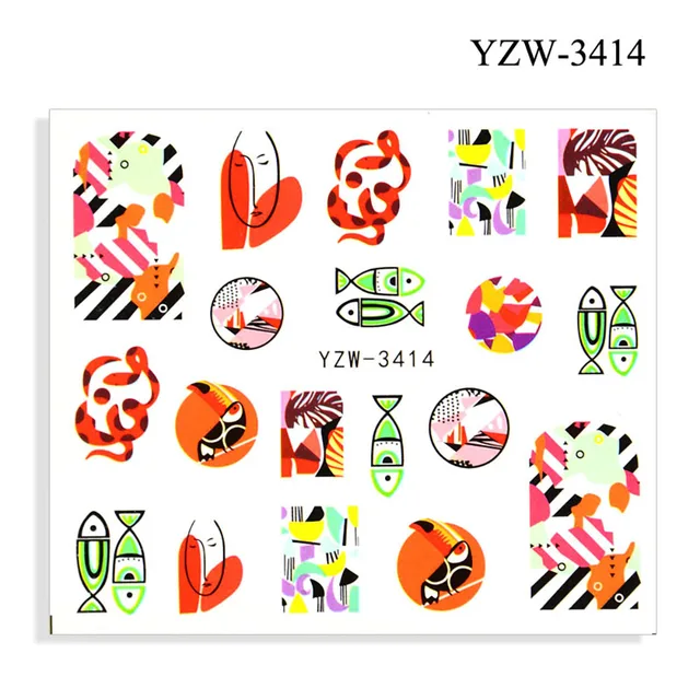 Colorful Face Flower Stickers Nail Stickers Transfer Nails Water Decal Nail Decals Leaf Sticker Series Watermark Nails Geometric YZW-3414
