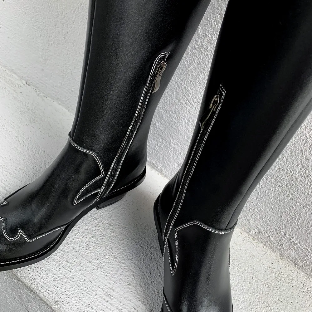 Genuine Leather boots women pointed toe chunky hight heel knight boots embroider retro style lady knee high boots black2019 new