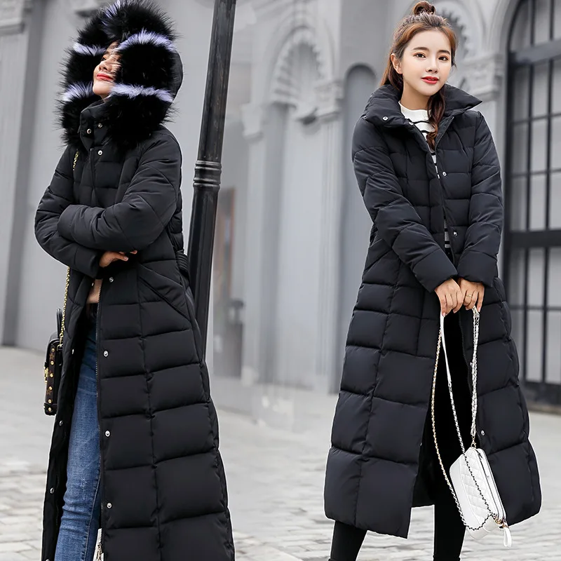 Женское зимнее пуховое пальто, теплая куртка с капюшоном, воротник из искусственного меха, женские парки размера плюс, повседневное свободное однотонное длинное пальто, Женское пальто