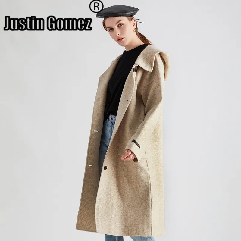 

New Double-sided Cashmere Coat With Hood Slim Type Autumn Winter Wool Coat With Large Pockets Straight Long Sleeve Women Coat