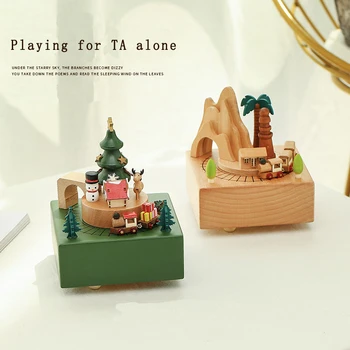 

Home decoration accessories Kawaii Christmas Vintage Retro Birthday Gift wooden music box musical boxes carousel hand crank