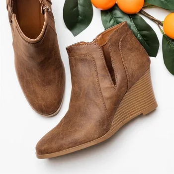 

Woman Autumn Ankle Boots Pointed Toe Winter Women's Boots Shoes Women Pu Leather Wedges High Heels Western Boots