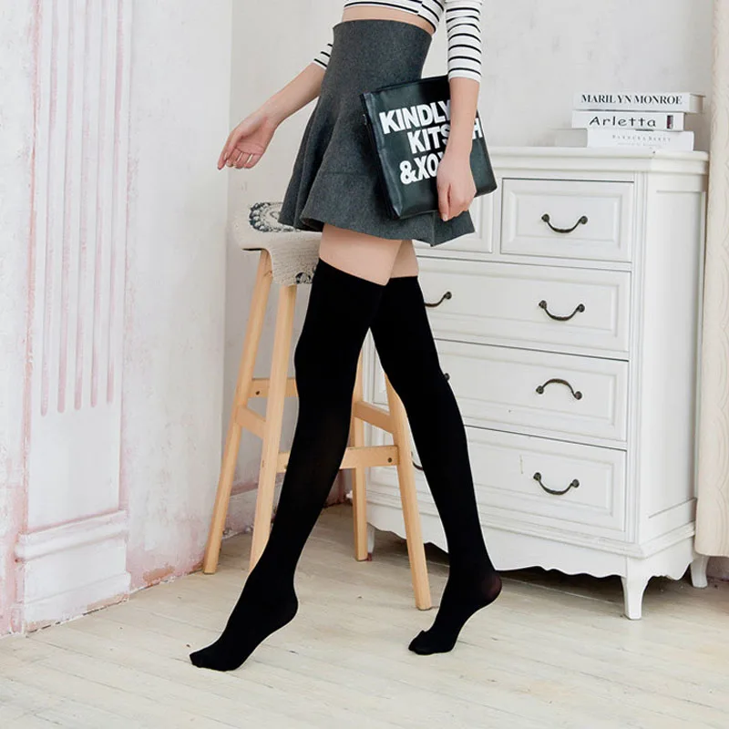 Women Over High Knee Stocking Soild Japanese Student Sexy Long Leg Socks Girl Thigh Lingerie Party Black Opaque Stockings