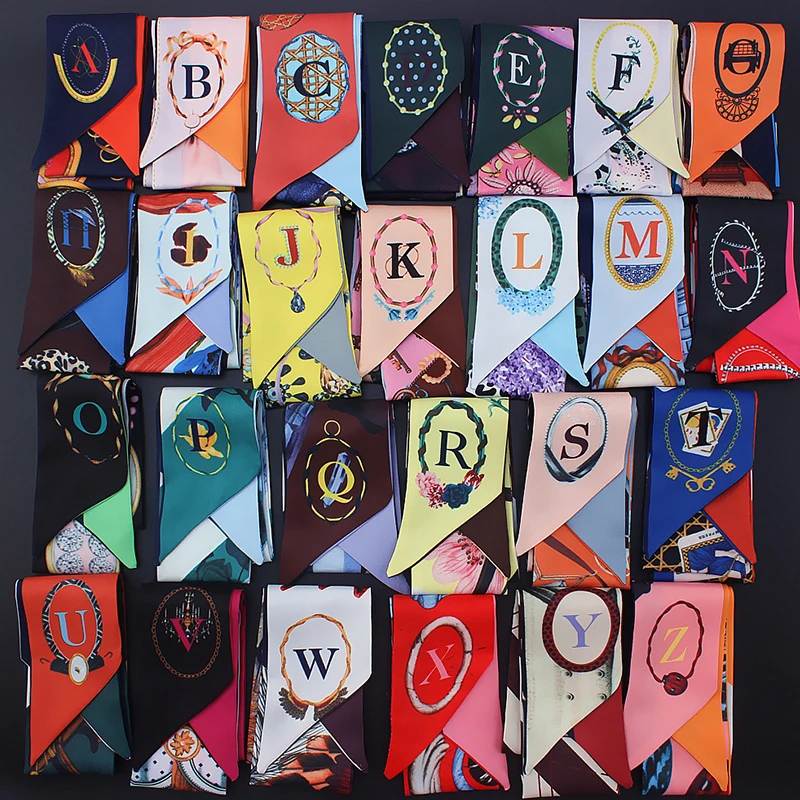 

Alirattan Fashion Head Scarf Brand 26 Letters Scarf New Design Print Women Silk Scarf Small Tie Bag Skinny Constellation