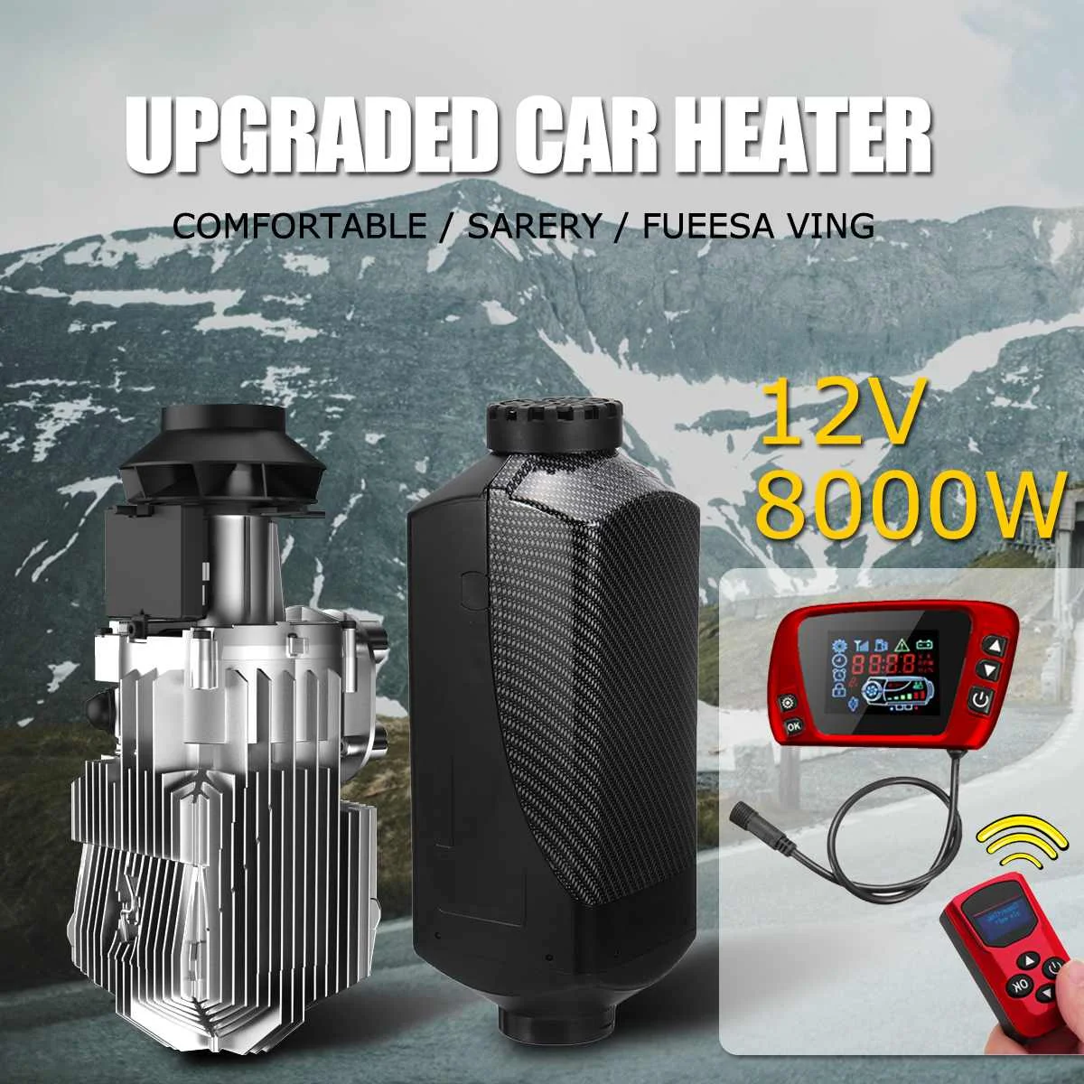 

Car Heater Heating 12V 8000W Diesel Air Heater Red LCD Remote Control FOR Car Boat RV Trailer Trucks + Oil pipe + wiring harness