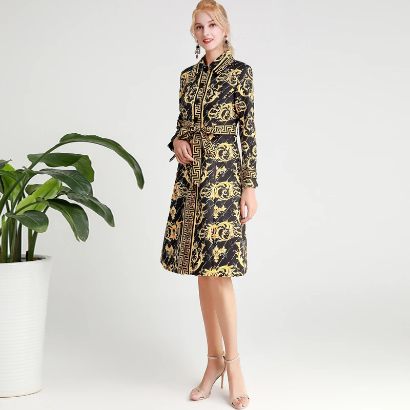 

Xiaomoli Fall 2019 New Collar Printed Belt Received Long Sleeve Jacket Retro Flower Dress