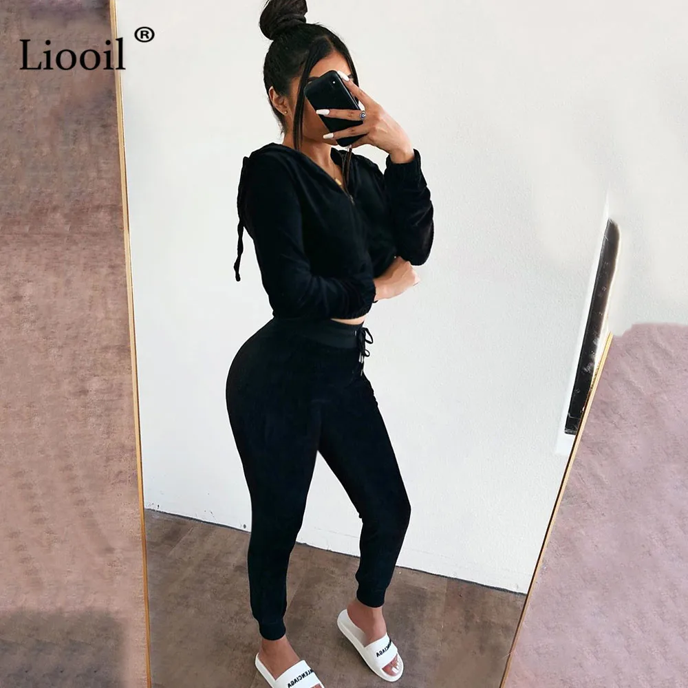 Liooil, комплект из двух предметов, с капюшоном, сексуальная Толстовка и спортивные штаны,, длинный рукав, на молнии, спортивный костюм, для женщин, для бега, костюм, подходящие наборы