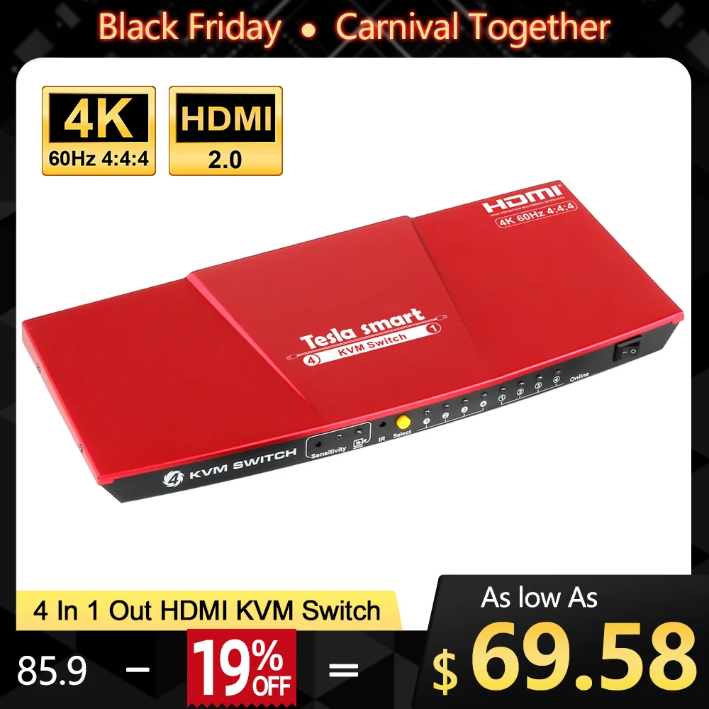 Cena Przełącznik KVM KVM HDMI USB2.0 4 przełącznik portu przełącznik KVM hdmi do 4 k @ 60Hz sterowanie 4 obsługa komputera pc Unix Windows Debian Extra USB2.0