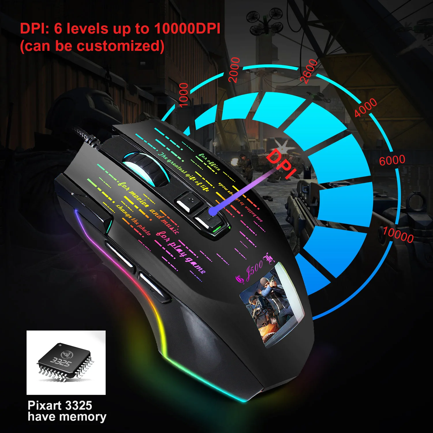 silent wireless mouse J500 Gaming Mouse USB 10000 DPI PMW3325 USB RGB Wired Mouse Gamer 9 Buttons Programmable Mice For Computer PC Can Photo Setting best wired gaming mouse