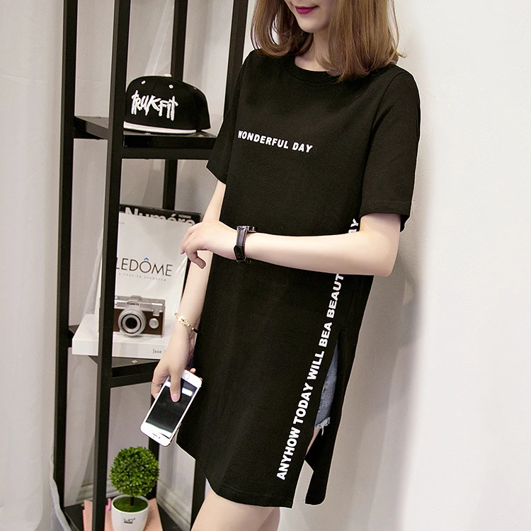 Nkandby Plus size WONDERFUL DAY Print Long T shirts Summer Women Loose Slit Femme Tops Cotton Tshirt Short sleeve Ladies t-shirt