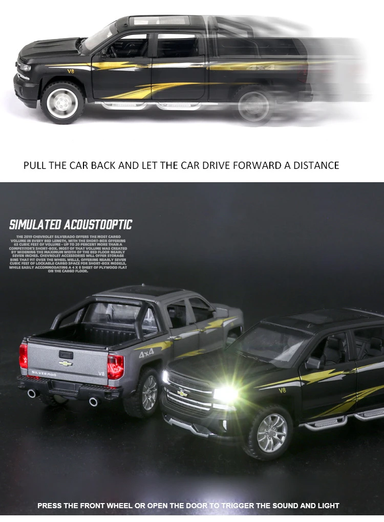 Горячая 1:32 Масштаб колеса 4x4 Chevrolet пикапа металлическая модель с светильник и звук silverado литья под давлением автомобиль вытяните назад игрушка Коллекция