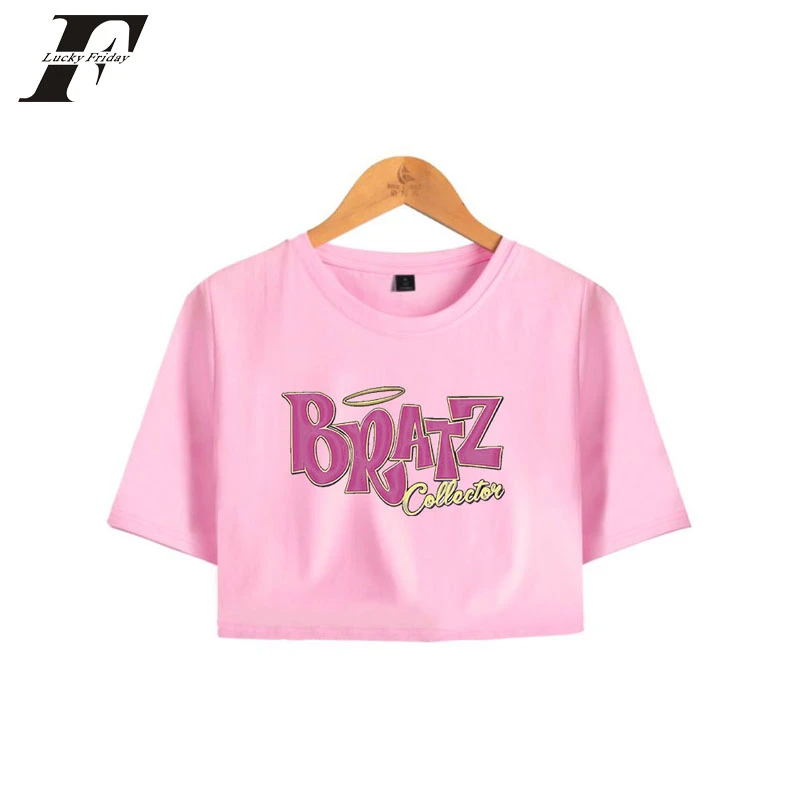 Bratz Top corto Rock Angelz para mujer, con ombligo Tops de cuello redondo de gran tamaño, camisetas cortas de algodón con estampado informal de Hip Hop para mujer|Camisetas| - AliExpress
