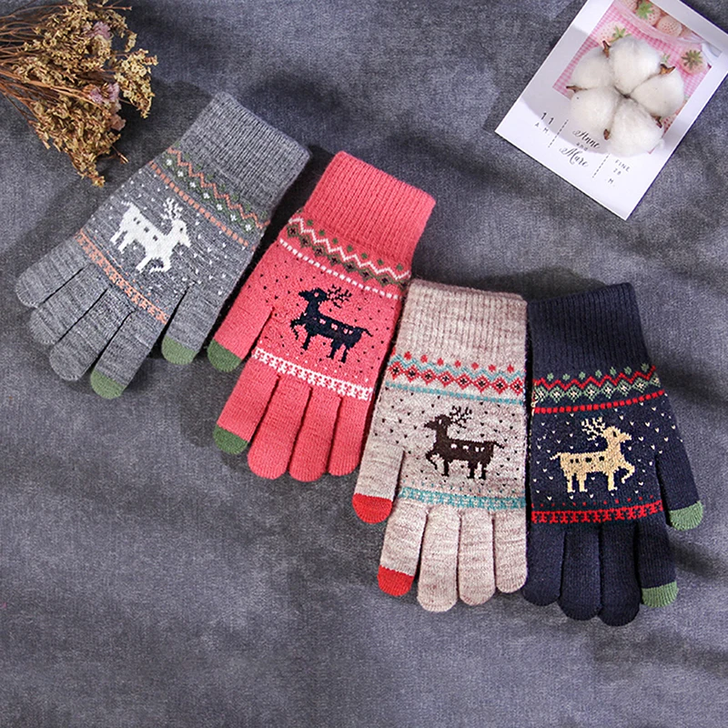 Винтажные вязаные перчатки с рождественским оленем, утепленные перчатки с сенсорным экраном, зимние теплые варежки с изображением снежного лося, полный палец, рождественский подарок для женщин