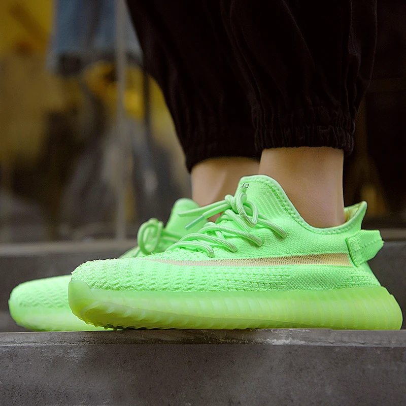 Повседневные кроссовки для женщин и мужчин; светящаяся обувь из кокосового ореха; спортивная легкая обувь на плоской подошве с зеленым блеском; флуоресцентная обувь из сетчатого материала на шнуровке
