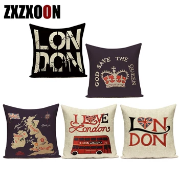 

Decorative Throw Pillow Case Vintage Style Cotton Linen British London Bus Flag Crown Soldier Cushion Cover for Living Room