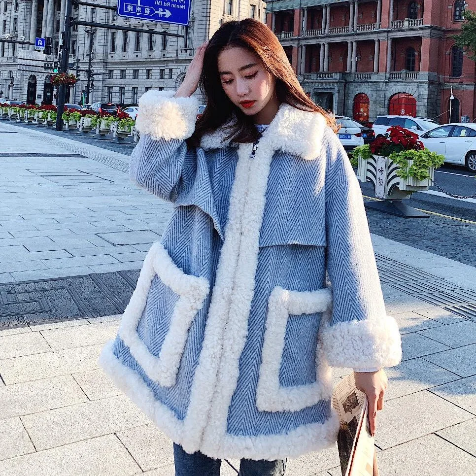 

Photo Shoot INS Sweet Blue Herringbone Mid-length Fold-down Collar Debutante Graceful Lambs Wool Cotton Coat Women's Winter