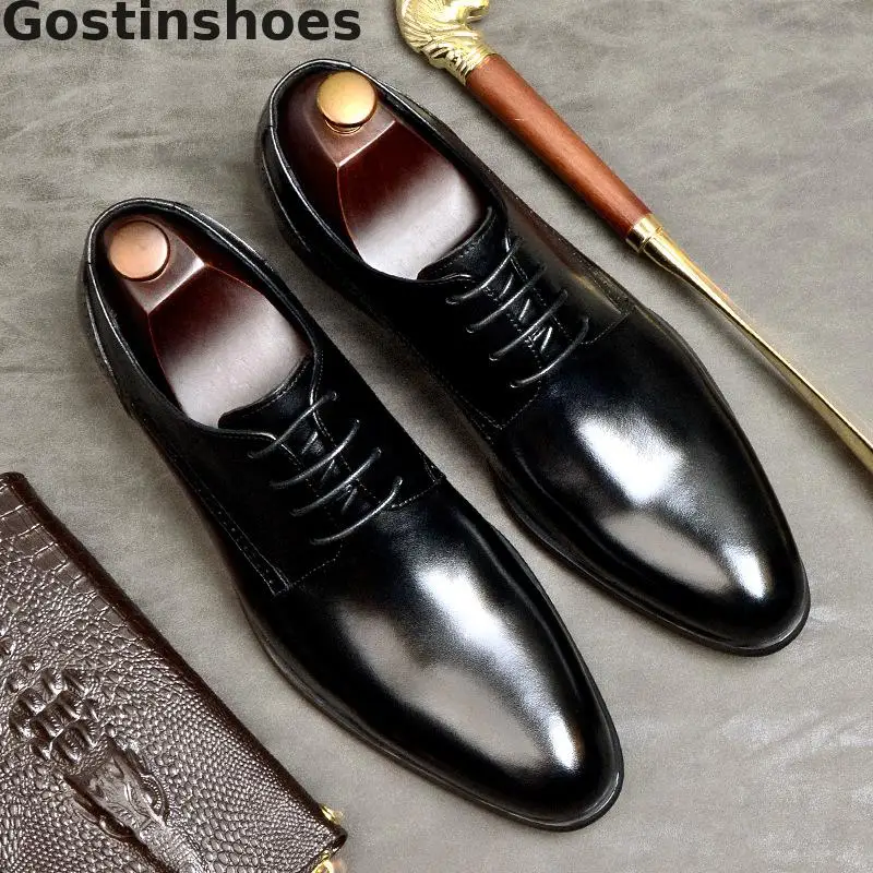 

Men Wedding Shoes Genuine Leather Lace-up Pointed Toe Black Brown Dress Derby Shoes Men Good Quality Men Shoes For Office Party