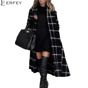 

LERFEY Elegant Plaid Women Tweed Coat Buttons Pockets Autumn Winter Female Blend Coats V Neck Office Ladies Warm Long Overcoats