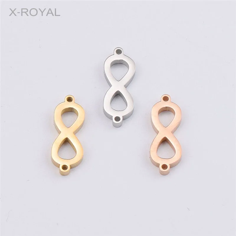 

X-ROYAL 10Pcs/lot 7*21mm Lucky Figure Eight 8 Shape Charm Connectors Stainless Steel Rose Gold Double Hole Pendant Connector DIY