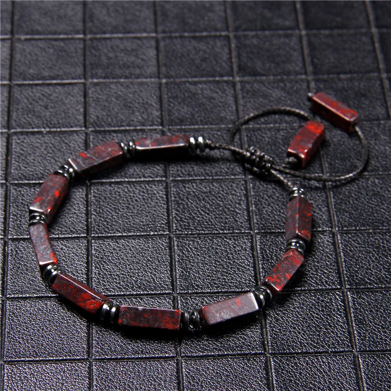 Trendy Men's Bracelet Braid Square Tube Shape Natural Bloodstone Beads Bracelet - Image 4