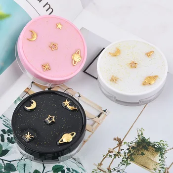 

New Round Rocket Ribbon Stars Space Black With Mirror Contact Lens Case For Women Kit Container Contact Lenses Box