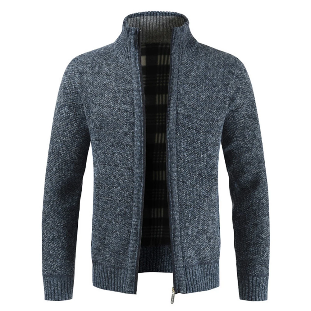 Men Solid Color Stand Collar Cardigan Sweater Thick Zip Slim Knit Jacket Coat