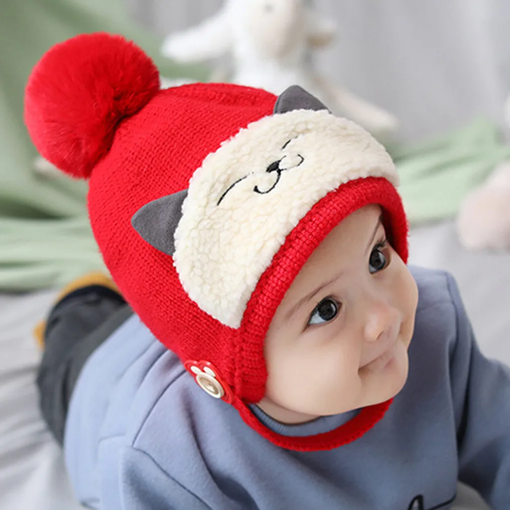 Cute Baby Toddler Kids Boys Girls Cap Knitted Children's Cat Animal Solid Patchworks Printed Lovely Soft Hat One Piece Baby Cap