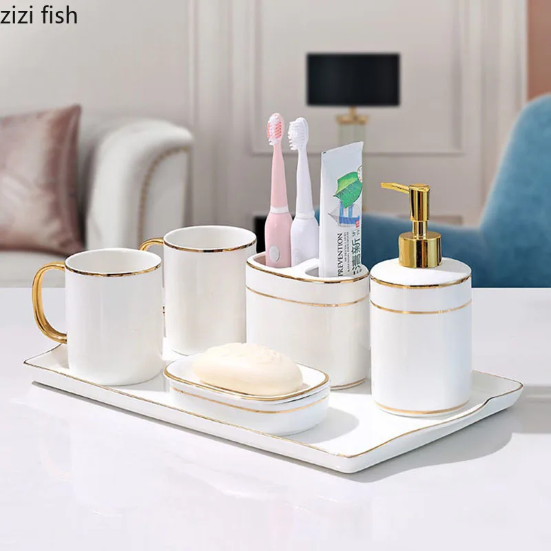 Golden Stripes Bathroom Decoration Accessories White Ceramic Toothbrush Holder Portable Soap Dispenser Mouth Mug Bath Supplies