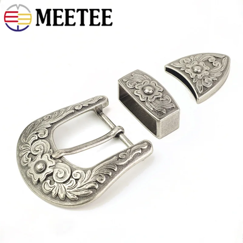 Meetee 1/2 комплекта(1 комплект+ 3 шт.) 38 мм Ретро три части ремня Пряжка AntiqueSilver металлический костюм булавка пряжка голова DIY кожевенное ремесло аксессуар