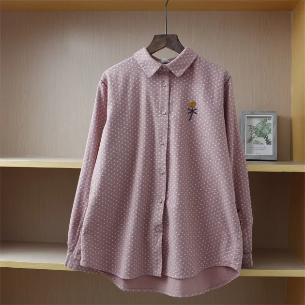 Маленькие цветы вышивка хлопок в горошек с длинным рукавом рубашка блузка женская винтажная - Цвет: pink