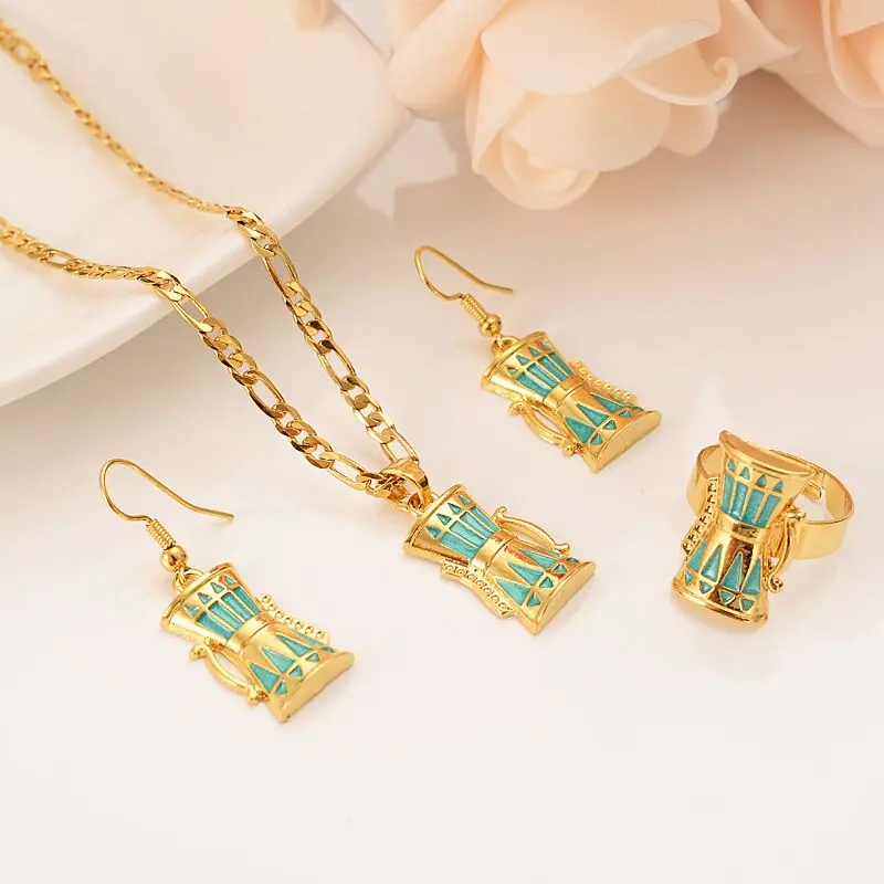 

Unique crystal Green BAG drum Pendant Chain Necklaces Earrings Fine Solid Gold Filled PNG Jewellery Set Papua New Guinea party