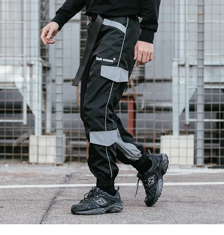 Harajuku 3M Светоотражающие штаны, уличная одежда, Мужские штаны для бега, хип-хоп черные белые брюки, модные весенние шаровары с поясом