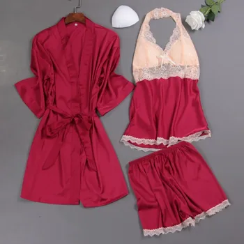 

Spring New Kimono Bathrobe Gown Women Satin Homewear 3PCS Pajamas Suit Strap Top&Shorts Sexy Bride Bridesmaid Wedding Robe