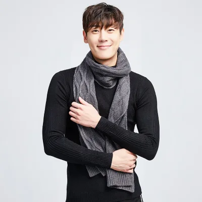Высококачественный 30% шерстяной мужской зимний шарф, длинная перекрестная вязка, Мужская шаль, плотная Вязаная Шерсть, кашемировые шарфы люксового бренда, мужской шарф - Цвет: Темно-серый