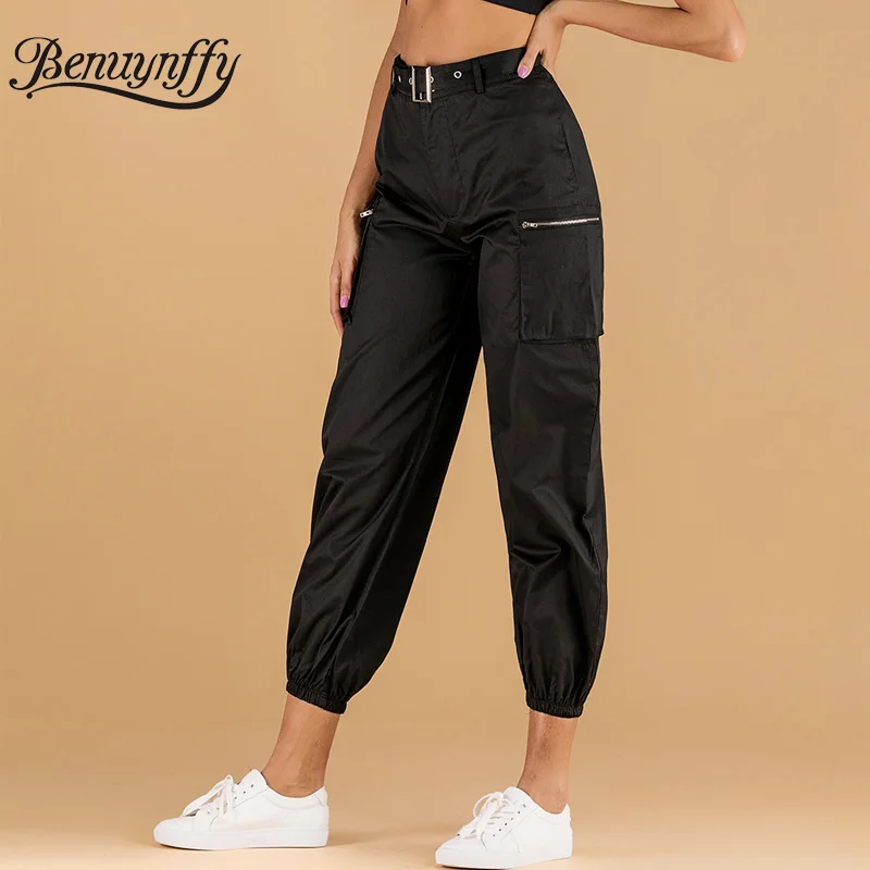 

Benuynffy Casual Streetwear Women Cargo Pants Black Zip Pocket High Waist Trousers 2020 Spring Summer Female Loose Belted Pants