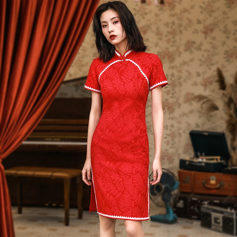 Sheng Coco женское жаккардовое хлопковое и кружевное платье Cheongsam красное зеленое до