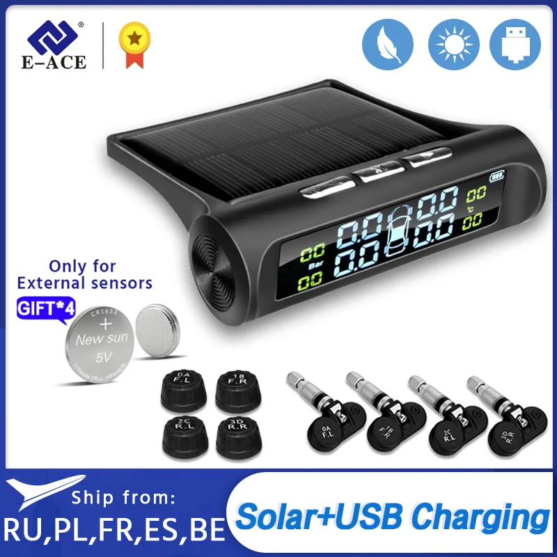 E ACE TPMS sistema com alarme de monitoração, de pressão de pneu de carro, energia solar, segurança automotiva, aviso de temperatura e pressão de pneu|Alarme de pressão do pneu| - AliExpress