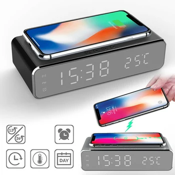 

Electronic Led Alarm Clock with Fast Qi Wireless Charger Bedside Snooze Clock Digital Alarm Clock with12/24 Hours Display