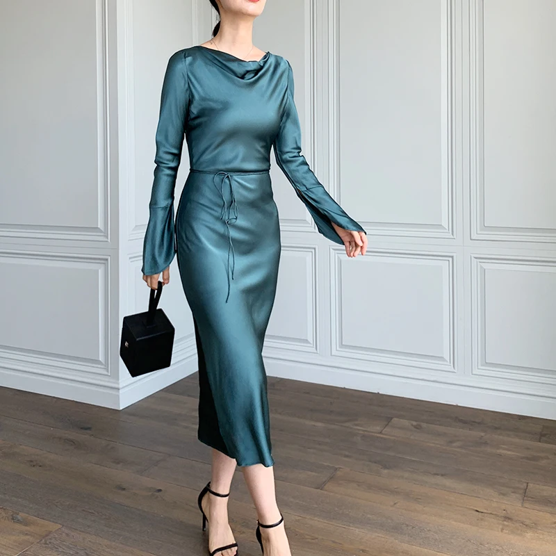 fimtairah 100% Mulberry Silk Dress Women Long Skirt Solid Color Spring Autumn Summer Swing Collar