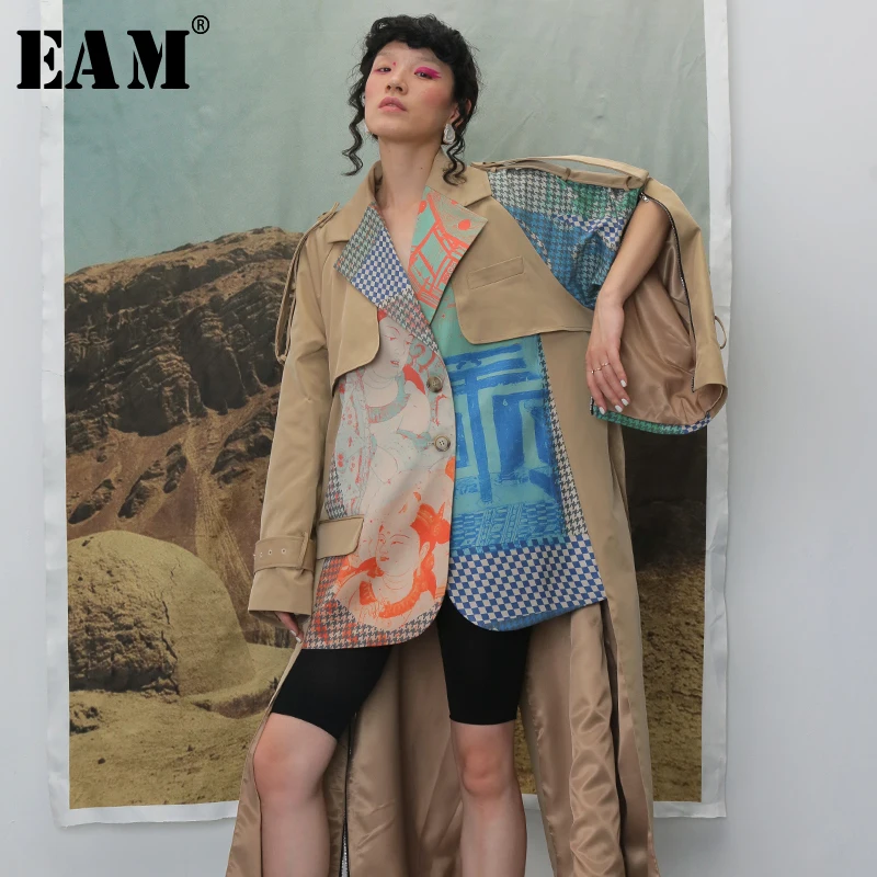 

[EAM] Women Hit Color Two False Pieces Print Trench New Lapel Long Sleeve Loose Fit Windbreaker Fashion Autumn Winter 2020 1B739