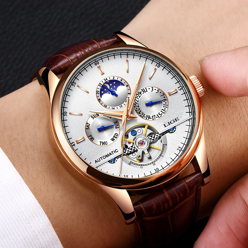 Mechanical Watch Diver Watch Mens Automatic Mechanical Watch Leather Waterproof Watch Week Clock+Box