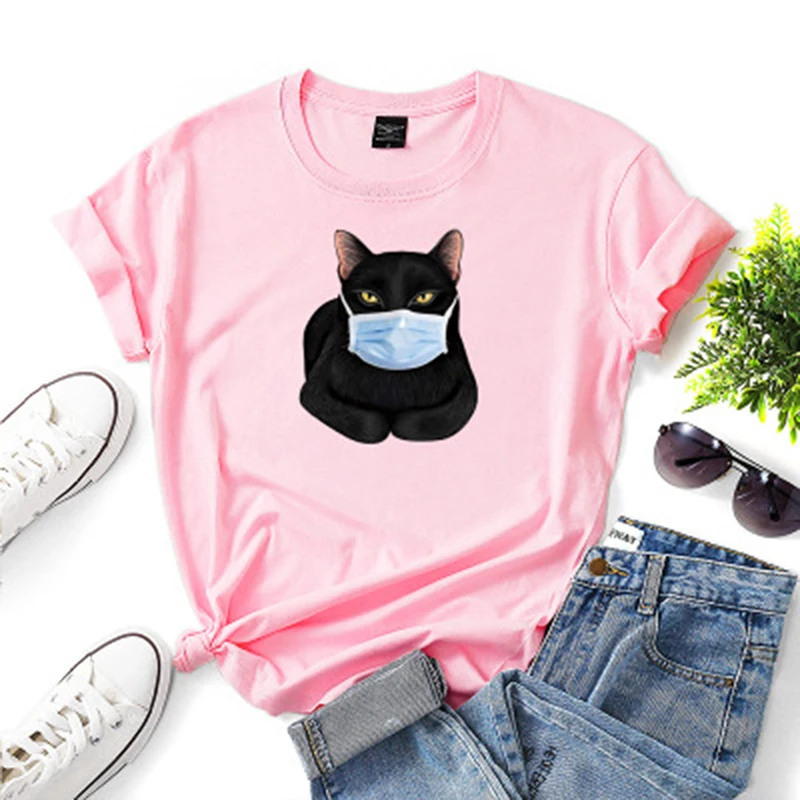 Женская футболка маска кот мультяшный принт повседневная модная короткий рукав