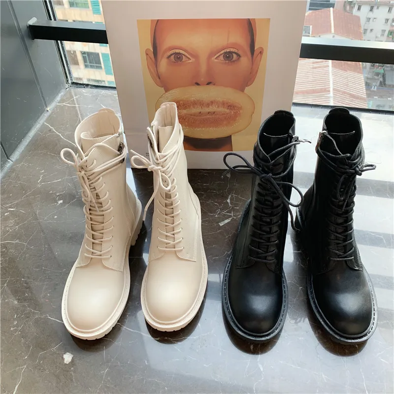 

Winter Shoes Women Chunky Heel Autumn Boots Zipper Luxury Designer Round Toe Booties Ladies Bootee Woman 2019 Lace Up Rubber