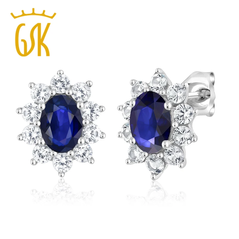 10K белое золото 1 70 Ct синий сапфир женские Овальные серьги гвоздики Halo|stud earrings|earring