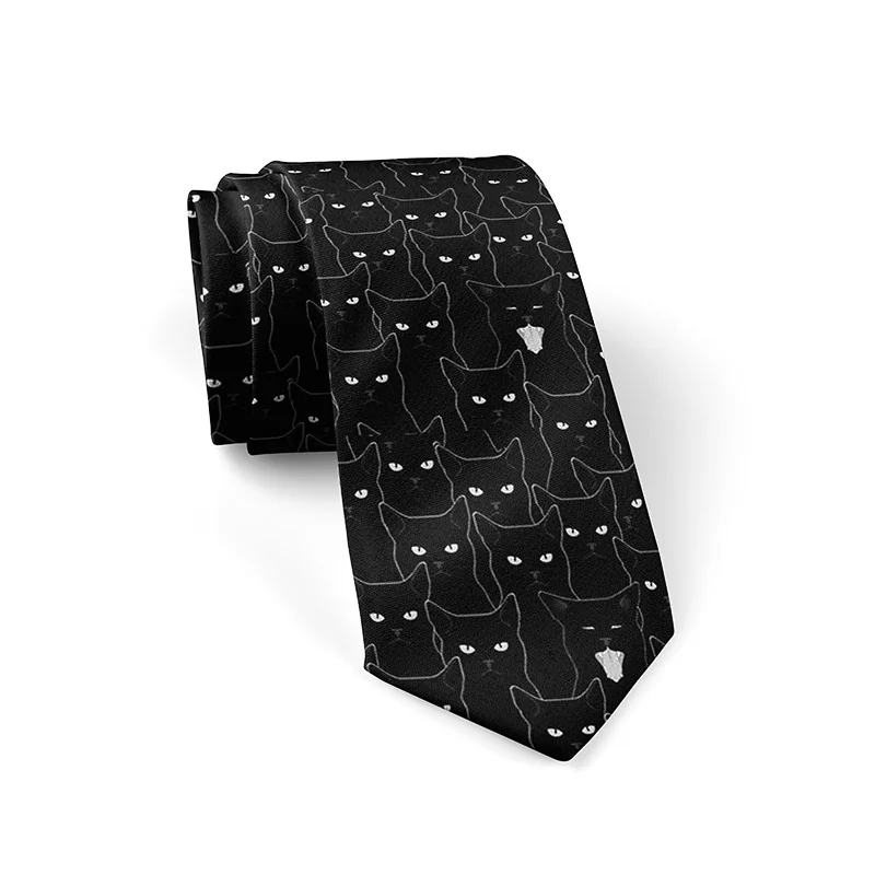 New 8cm Wide Black Tie Men's Cute Fun Kitten Dark Style Neckties Hip-Hop Street Shirt Accessories Casual Business Wedding Party