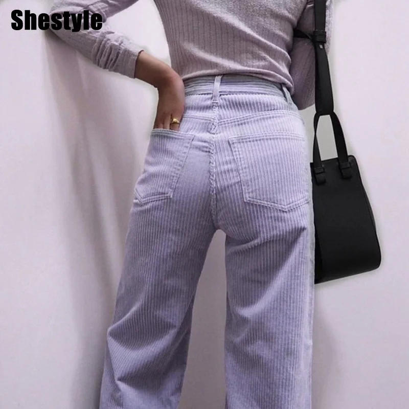 Shestyle Corduroy Wide-leg Pockets Pants Women High Waist Spring Textured Casual Long Sweatpant Zipper Street Trousers Female