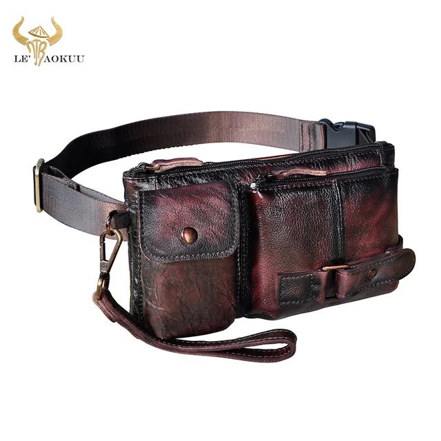 New Hot Sale Quality Leather men Fashion Travel Fanny Waist Belt Bag Chest Pack Sling Clutch Bag Design Phone Case Male 8135-d burgundy 2